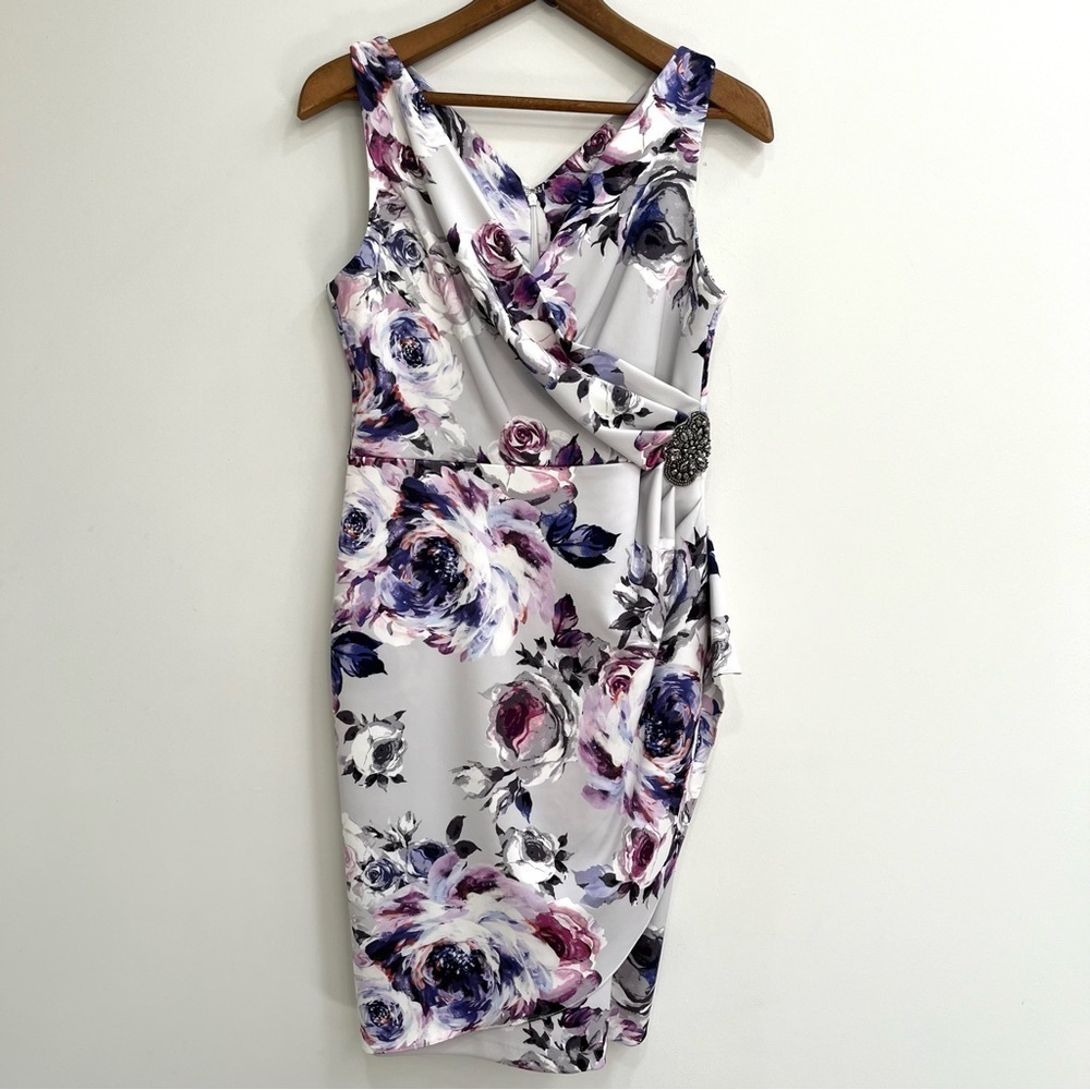 Alex Evenings floral knee length dress gray purple decorative waist brooch 12